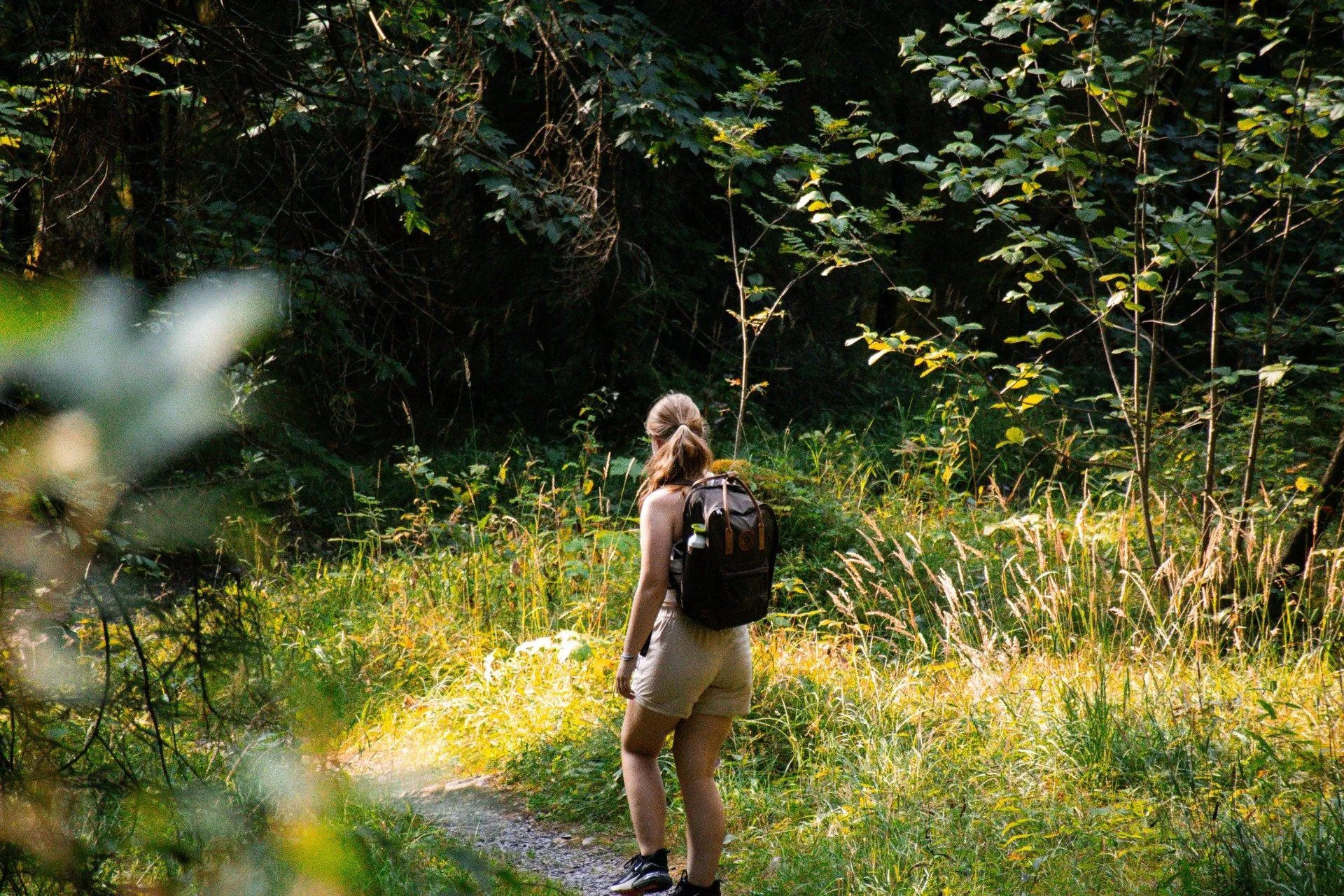 Junge Frau mit Rucksack steht auf einem Waldweg