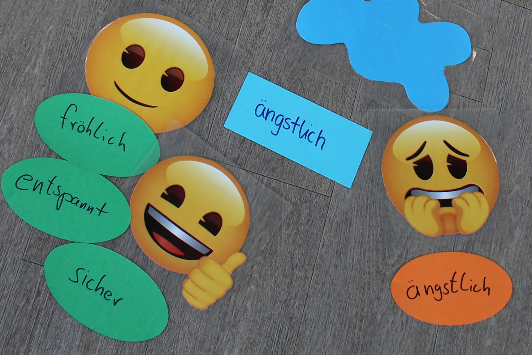 Einige Emojis und deren deutsche Beschreibung liegen auf dem Boden