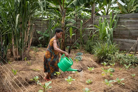 Joy Kamusiime (38) bewässert den Gemüsegarten ihres Hauses im Dorf.