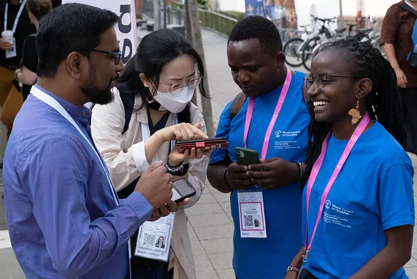 Dileep Kumarn Kandula (CWM) and the Rev. Kyu Hee Choi (National Council of Churches of Kenya) ask questions of stewards John Njenga (Greek Orthodox Patriarchate of Alexandria and All Africa) and Rev. Jackline Makwa (Methodist Church in Kenya)