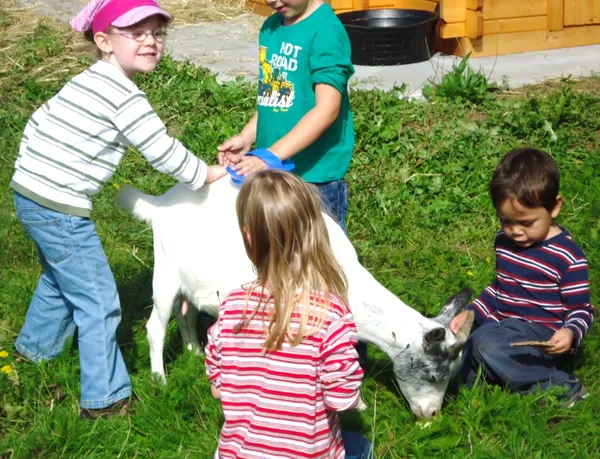 Kindergartenkinder mit Ziege