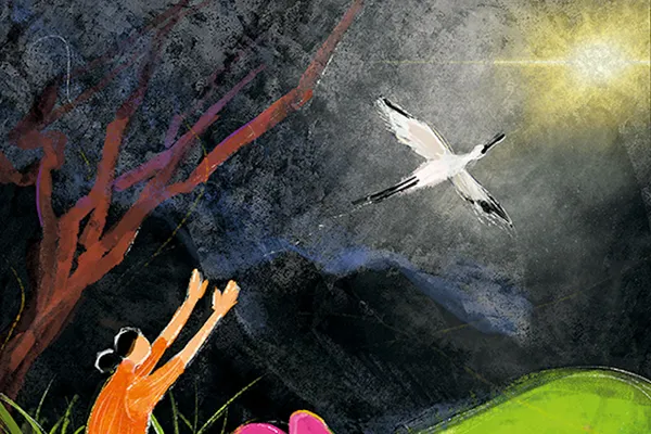 Kranich fliegt ins Licht