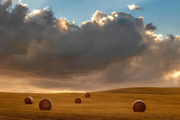 Abgeerntetes Feld mit Heuballen und stark bewölktem Himmel