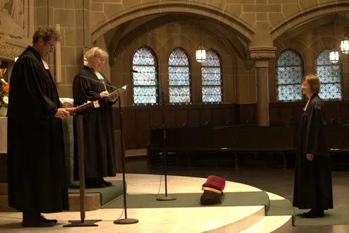 Schuldekan Dirk Boch, Landesbischöfin Heike Springhart und Oberkirchenrätin Silke Dangel