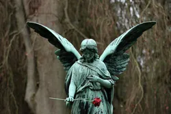 Friedhofsengel mit roter Rose