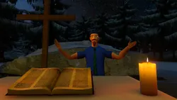 Quelle: vr-kirche Avatar in der VR Kirche mit Altar und Bibel