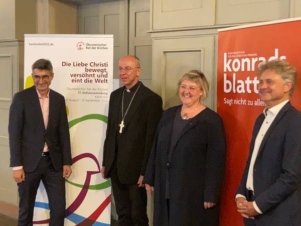 Dr. Marc Witzenbacher (Leiter des Koordinierungsbüro der ÖRK Vollversammlung 2022), Weihbischof Dr. Peter Birkhofer (Erzbistum Freiburg), Landesbischöfin Prof. Dr. Heike Springhart, Oberbürgermeister Dr. Frank Mentrup
