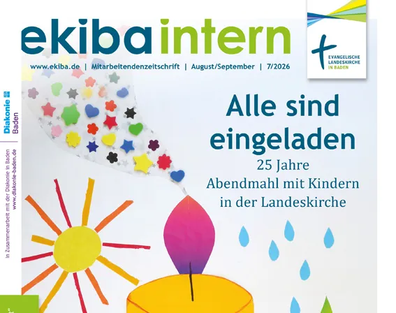 ekiba intern Titelseite mit gelber Stumpemkerze Darauf das Christussymbol und ein Fisch unten links ein Herz, oben links eines Sonne, Von der roten Flamme gehen Herzen und Sterne im "Rauch nach links oben. Rechts über der Kerze Der Text: Alle sind eingeladen 25 Jahre Abendmahl mit Kindern in der Landeskirche