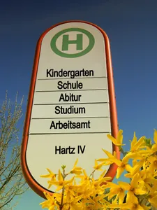 Bushalteschild Kindergarten Schule Abitur Studium Arbeitsamt Hartz IV