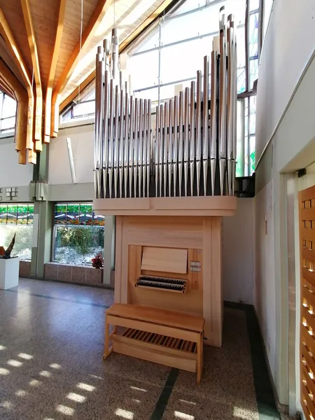 Blick auf die neue Orgel mit darüberliegenden Pfeifen