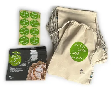 Bild vom Set: Stoffbeutel, Aufkleber und Karten