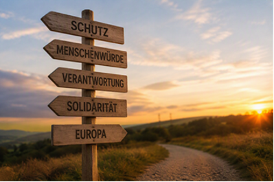 Feldweg bei Sonnenuntergang, im Vordergrund ein Wegweiser. Ausgeschildert sind "Schutz", "Menschenwürde", "Verantwortung", "Solidarität" und "Europa"