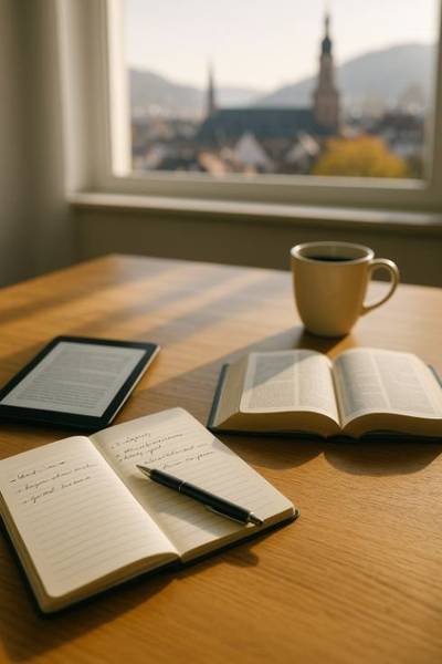 Quelle: KI - eingebettet von www.ekiba.de Bibel, Notizbuch und Kaffee mit Blick aus dem Fenster