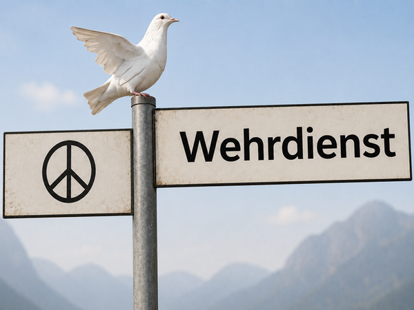 Wegweiser mit Friedenszeichen auf dem einen Schild, Aufschrift Wehrdienst auf dem Schild zur anderen Seite. Mittig auf der Wegestange eine weiße Friedenstaube