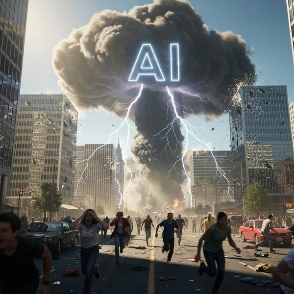 Quelle: Christian Günther mit KI erstellt - eingebettet von www.ekiba.de vor Atompilz mit Blitzen flüchtende Menschen zwischen Wolkenkratzern in einer Stadt in der dunklen Wolke ist AI in blauen Großbuchstaben geschrieben