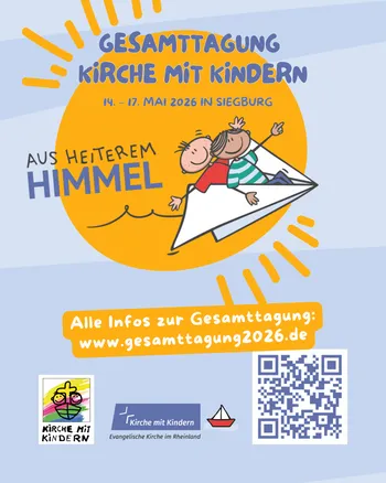 Zwei Kinder fliegen in einem Papierflieger. Im Hintergrund die Sonne. Thema: Aus heiterem Himmel