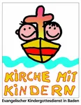 Zwei Kinder, Kreuz, Schiff, Wasserwelle, Text: Kirche mit Kindern