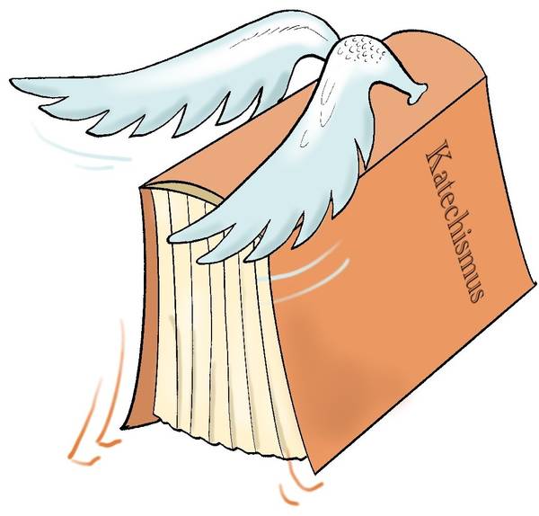 Quelle: Zeichnung von Ekkehard Stier / RPI Baden - eingebettet von www.ekiba.de Buch Katechismus auf den Innenseiten stehend mit Flügeln am buchrücken