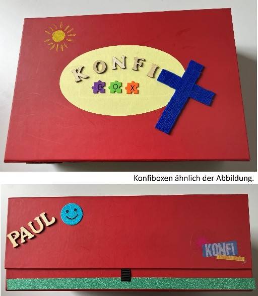 Quelle: Ekkehard Stier / RPI Baden - eingebettet von www.ekiba.de Faltbox rot mit Aufschrift Konfi-Box und blauem Kreuz