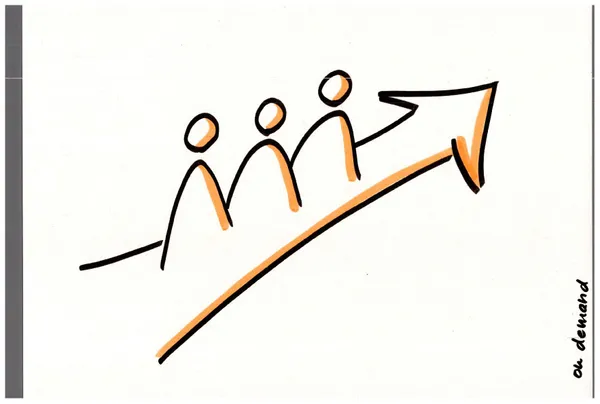 Schwarz-gelber Pfeil aals Weg auf dem 3 Strichmännchen unterwegs sind