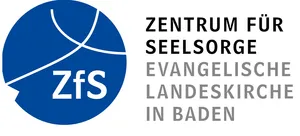 ZfS-Logo: Blauer Kreis mir halb liegenden Kreuz über den Buchstaben ZfS