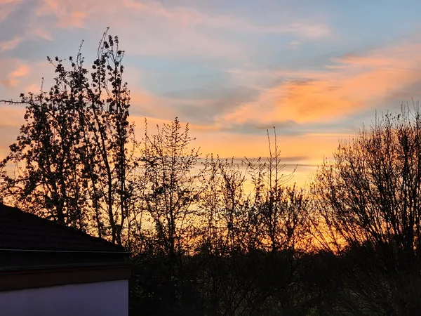Im Vordergrund ein Hauseck und Bäume. Dahinter ein farbenprächtiger Sonnenuntergang