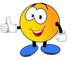 Lächelndes gelbes Smilie mit großen weißen Augen, offner Mund schwarze Arme, weiße Hönde und blaue Schuhe