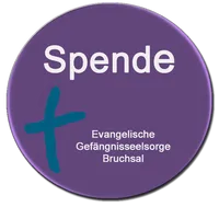 Lila runder Button, oben steht quer Spende in Weiß, links im ekiba-blau das Kreut daneben Evangeische Gefängnisseelsorge Bruchsal