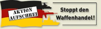 Deutschlandflage mit Kriegssymbolen und der Aufschrift 2aktion Aufschrei, daneben Stopt den Waffenhandel