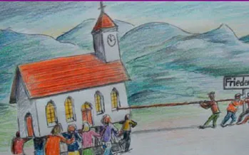 Zeichnung: Menschen schieben und Ziehen eine Kirche auf dem Friedensweg