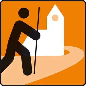 Signet Pilgerkirche - Quatratisches Bild Hintergrund Orange, weiß Kirche, Strichmännchen mit Stab geht auf dem Weg Richtung Kirche
