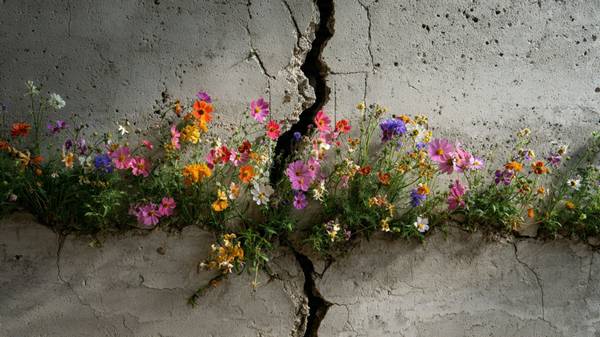 Bunte Blumen wachsen aus einem Mauerspalt