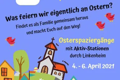 Quelle: EOK/ Stabsstelle Diakoninnen und Diakone/ AEller/ KGrüneberg Flyer Osterspaziergang mit Informationen und bunten Häusern an Straßen, die mit Logo markiert sind