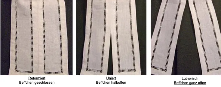 Bild: Die Beffchen des Talars der drei theologischen Richtungen: Reformiert: geschlossen; Uniert:halboffen und lutherisch ganzoffen